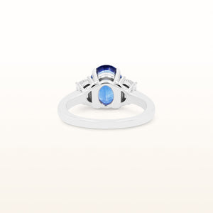 Oval Blue Sapphire and Half Moon Side Diamond Ring in 18kt White Gold