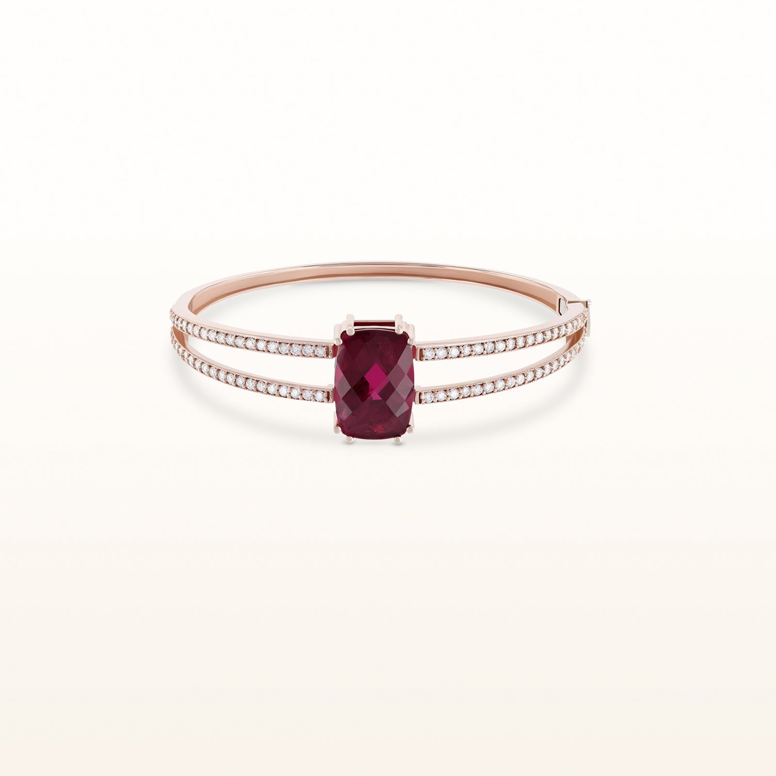 Rubellite and Diamond Hinged Bangle Bracelet in 14kt Rose Gold