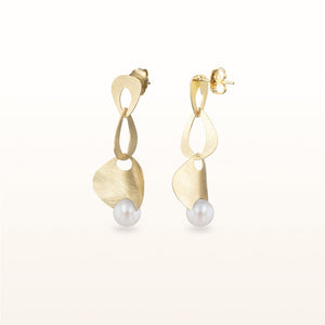 Pearl or Gemstone Wire Brushed Dangle Earrings in Yellow Gold Plated 925 Sterling Silver