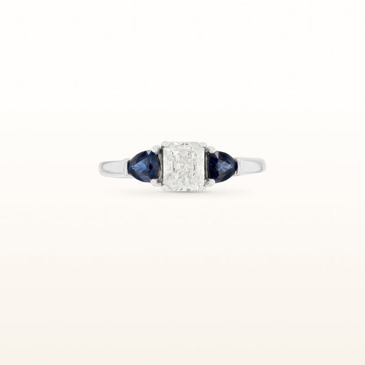 1.64 ctw Radiant Cut Diamond and Trillion Blue Sapphire Three-Stone Ring in 14kt White Gold