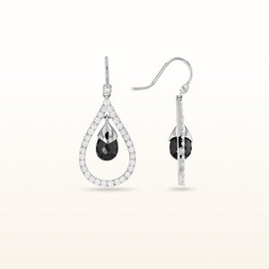 Black Briolette and White Round Diamond Drop Earrings in 14kt White Gold