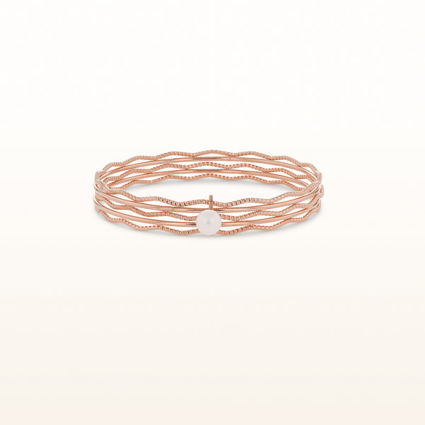 Freshwater Cultured Pearl and Rose Gold Plated 925 Sterling Silver Multi-Row Textured Bangle Bracelet