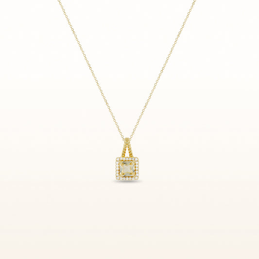 Princess Cut Yellow Sapphire Pendant with Diamond Halo in 18kt Yellow Gold