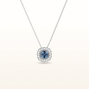 Signature Cushion Cut Blue Spinel and Diamond Halo Pendant in 14kt White Gold