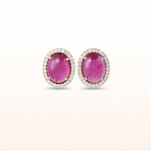 7.42 ctw Oval Rubellite and Diamond Halo Earrings in 14kt Yellow Gold